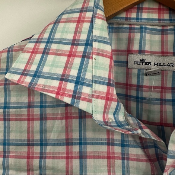 Peter Millar Men's Shirt Size Large Pink Blue Plaid‎ Long Sleeve Button Up - Picture 3 of 6